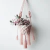 Portamacetas de Macramé rosa artesanal hecho a mano colgando con una planta en su interior